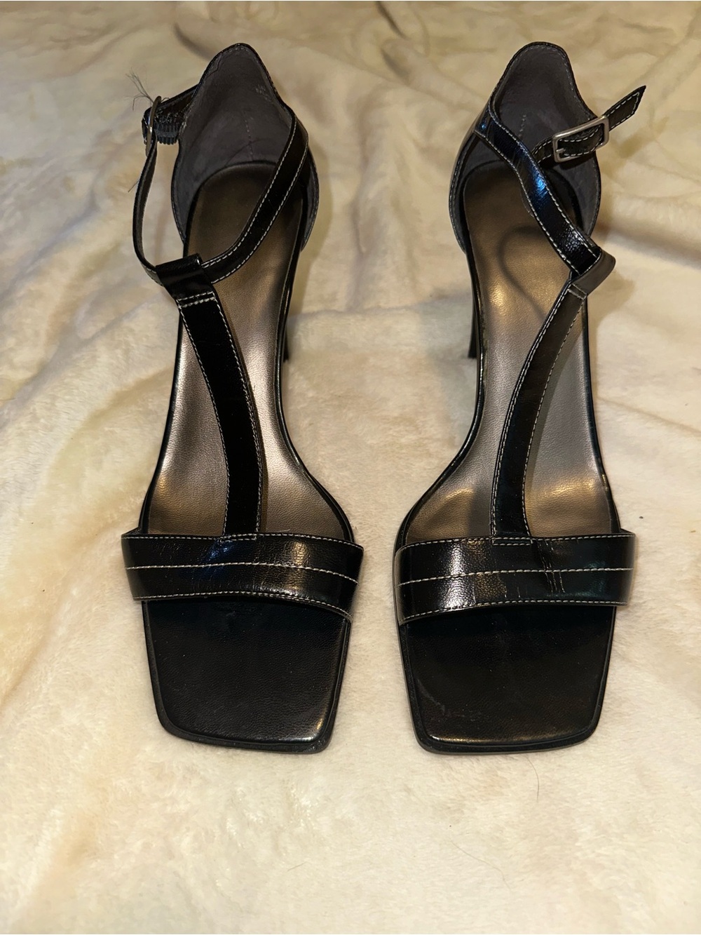 Women's Black Leather Ankle-Strap Square-Toe Heels